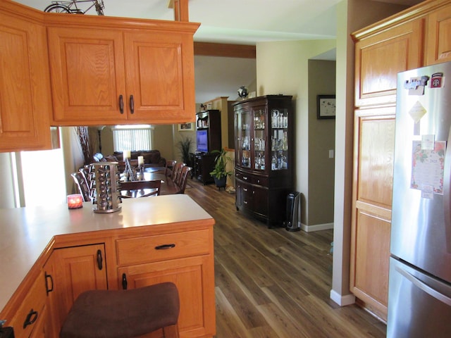 6044 Belmont Ct, Grand Blanc, MI 48439 - kitchen featuring freestanding refrigerator, dark wood-style floors, and light countertops