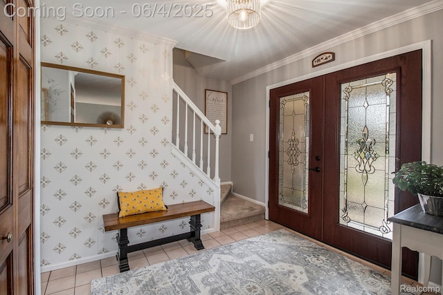 155 Woodridge Ct, Oxford, MI 48371 - foyer entrance featuring french doors, stairs, light tile patterned flooring, baseboards, and crown molding