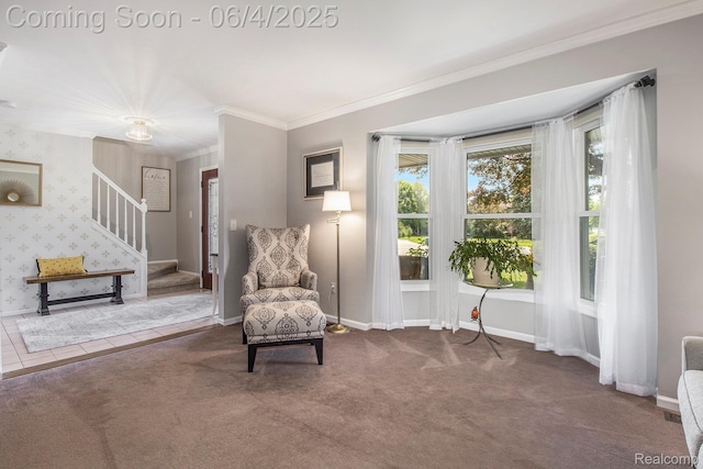 155 Woodridge Ct, Oxford, MI 48371 - sitting room with stairs, ornamental molding, carpet, and baseboards