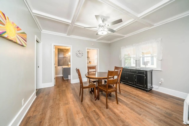 724 Wilson St, South Haven, MI 49090 - dining space featuring coffered ceiling, baseboards, wood finished floors, ceiling fan, and beam ceiling