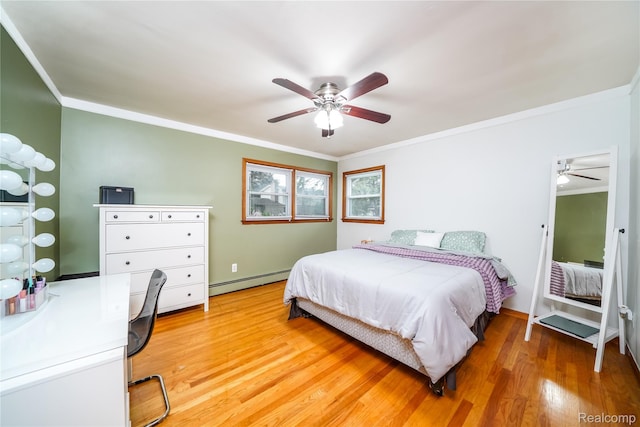 11523 Jenny Dr, Warren, MI 48093 - bedroom with a baseboard heating unit, crown molding, light wood-style floors, an office area, and a ceiling fan