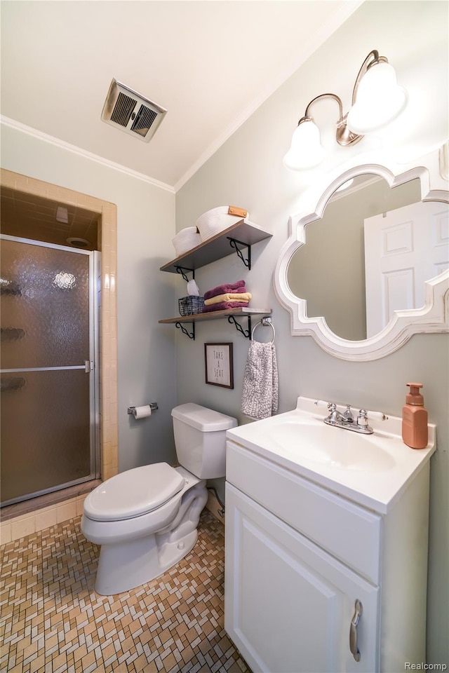 11523 Jenny Dr, Warren, MI 48093 - full bathroom with toilet, vanity, a shower stall, and ornamental molding