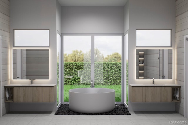 6540 Norton Dr, Troy, MI 48085 - bathroom featuring a soaking tub, vanity, and tile patterned floors