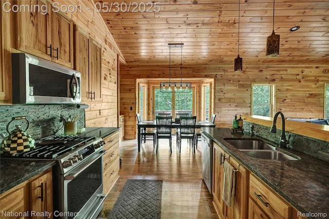 5257 Brookshire Dr, Almont, MI 48003 - kitchen with appliances with stainless steel finishes, a sink, healthy amount of natural light, dark wood-style flooring, and wooden ceiling
