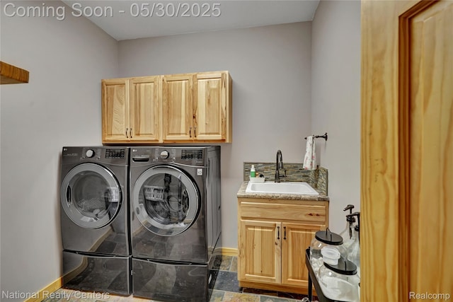 5257 Brookshire Dr, Almont, MI 48003 - laundry area featuring cabinet space, washing machine and clothes dryer, and baseboards