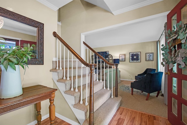 1330 Kings Carriage Rd, Grand Blanc, MI 48439 - entrance foyer featuring crown molding, stairway, wood finished floors, and baseboards