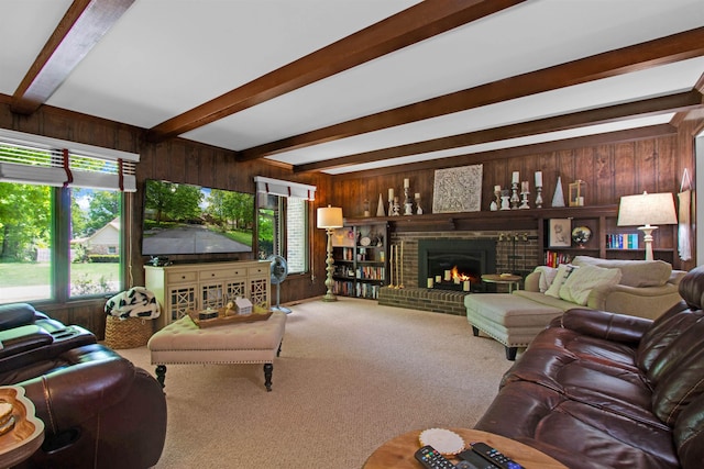 1330 Kings Carriage Rd, Grand Blanc, MI 48439 - living area with wooden walls, beam ceiling, carpet floors, and a fireplace