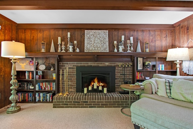 1330 Kings Carriage Rd, Grand Blanc, MI 48439 - living area with carpet, wooden walls, and a brick fireplace
