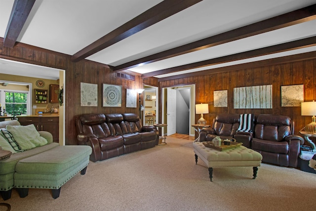 1330 Kings Carriage Rd, Grand Blanc, MI 48439 - carpeted living room with wooden walls and beamed ceiling