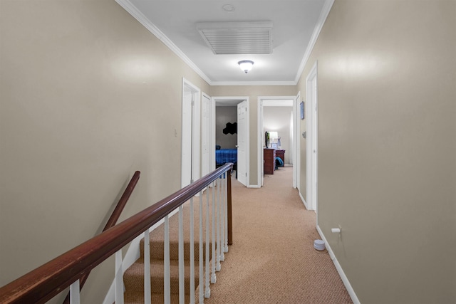 1330 Kings Carriage Rd, Grand Blanc, MI 48439 - corridor with light carpet, crown molding, baseboards, and an upstairs landing