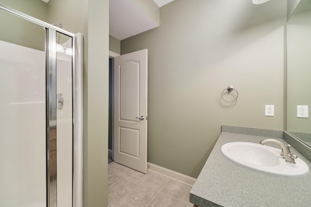 70 Spinnaker Dr, Manistee, MI 49660 - full bathroom with tile patterned floors, a stall shower, vanity, and baseboards