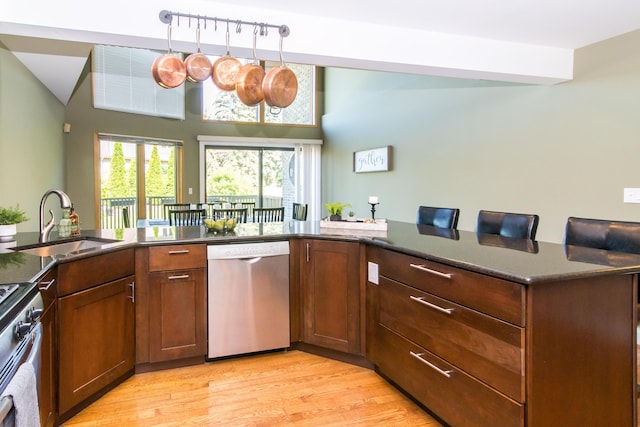3007 Cedarbrook Rd, Ann Arbor, MI 48105 - kitchen featuring appliances with stainless steel finishes, a sink, light wood finished floors, dark stone countertops, and brown cabinets