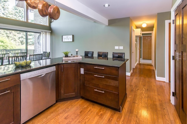 3007 Cedarbrook Rd, Ann Arbor, MI 48105 - kitchen featuring stainless steel dishwasher, dark countertops, light wood-style flooring, baseboards, and recessed lighting