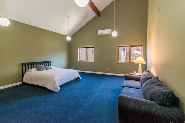 3007 Cedarbrook Rd, Ann Arbor, MI 48105 - bedroom featuring high vaulted ceiling, a wall unit AC, carpet, beam ceiling, and baseboards