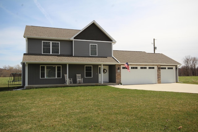 10141 S 33rd St, Vicksburg, MI 49097 - view of front of property featuring an attached garage, concrete driveway, a front yard, a porch, and roof with shingles