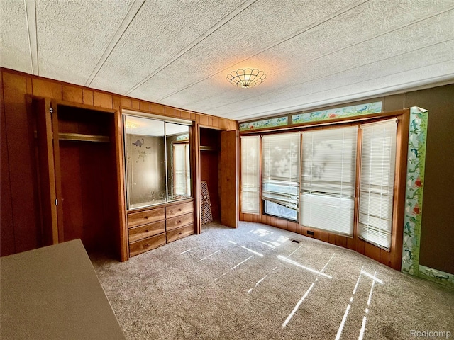 25654 Madison St, Novi, MI 48375 - unfurnished bedroom with wood walls, a closet, carpet floors, and a textured ceiling