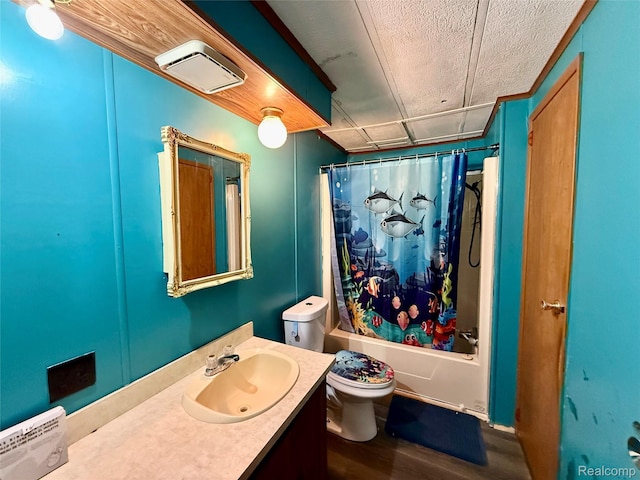 25654 Madison St, Novi, MI 48375 - bathroom featuring vanity, shower / bath combo with shower curtain, wood finished floors, and a textured ceiling