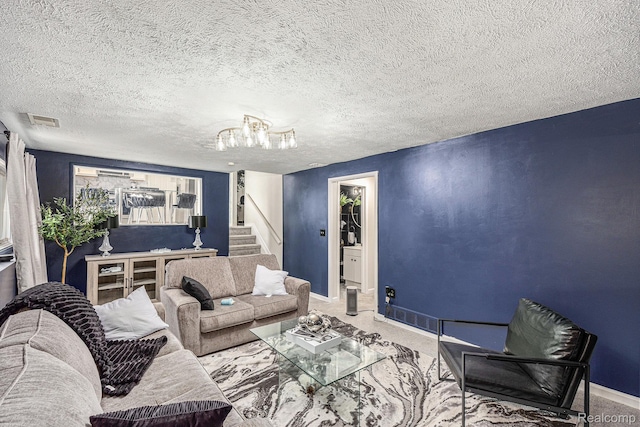 34354 Crosley St, Clinton Township, MI 48035 - living room featuring stairway, carpet, baseboards, a chandelier, and a textured ceiling