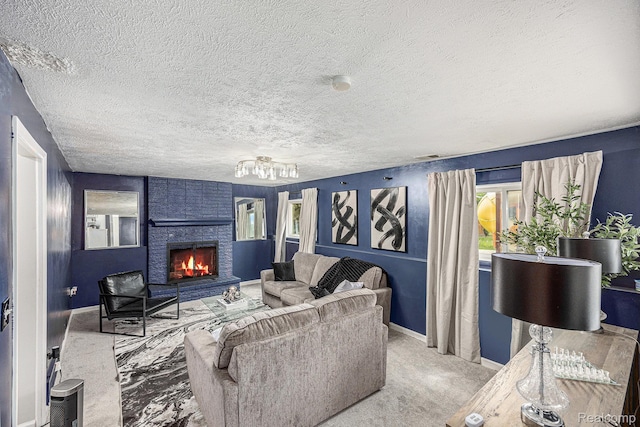 34354 Crosley St, Clinton Township, MI 48035 - carpeted living room featuring a brick fireplace, baseboards, and a textured ceiling
