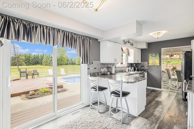 7453 Baldwin Rd, Swartz Creek, MI 48473 - kitchen featuring white cabinets, decorative backsplash, healthy amount of natural light, and dark wood-style floors