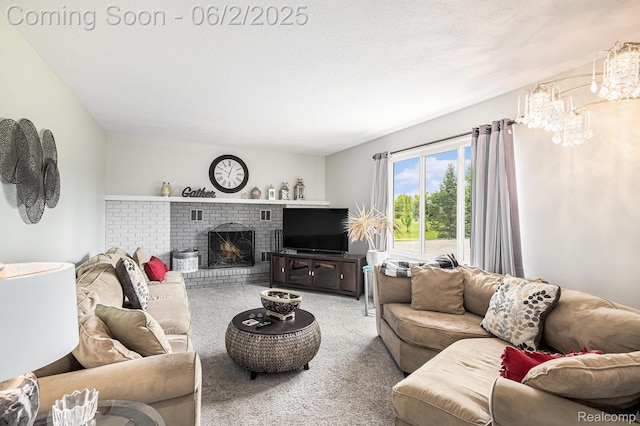 7453 Baldwin Rd, Swartz Creek, MI 48473 - carpeted living area with a fireplace and a chandelier