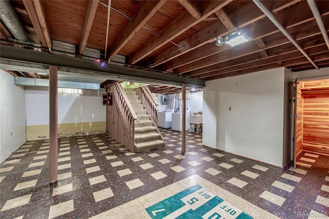 1019 Symes Ct, Royal Oak, MI 48067 - below grade area featuring washing machine and clothes dryer, tile patterned floors, stairs, a sink, and concrete block wall