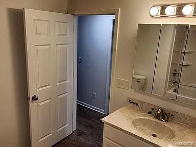 513 W Kilborn St, Lansing, MI 48906 - bathroom with vanity and wood finished floors