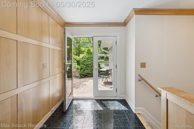 4335 Queens Way, Bloomfield Hills, MI 48304 - doorway with granite tiled floors, baseboards, and crown molding