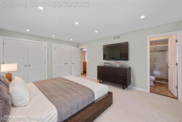 4335 Queens Way, Bloomfield Hills, MI 48304 - bedroom featuring multiple closets, recessed lighting, baseboards, light carpet, and ensuite bathroom