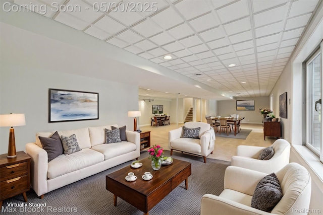 4335 Queens Way, Bloomfield Hills, MI 48304 - living area with stairway, carpet flooring, and recessed lighting
