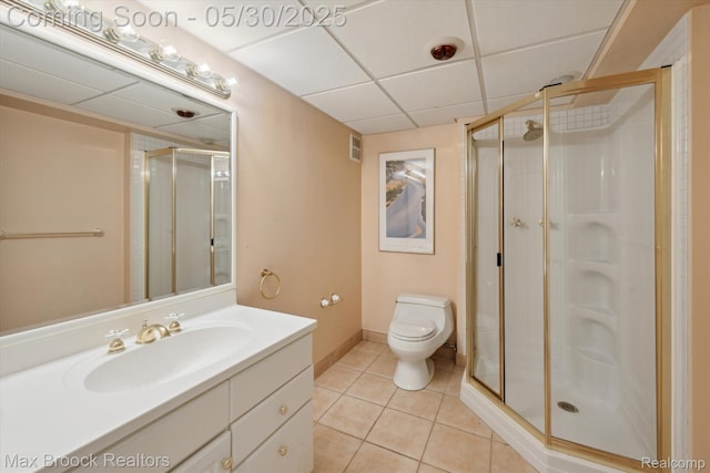 4335 Queens Way, Bloomfield Hills, MI 48304 - bathroom with a drop ceiling, tile patterned flooring, a shower stall, vanity, and toilet