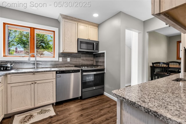 32601 Grinsell Dr, Warren, MI 48092 - kitchen with stainless steel appliances, a sink, dark wood finished floors, decorative backsplash, and light stone counters