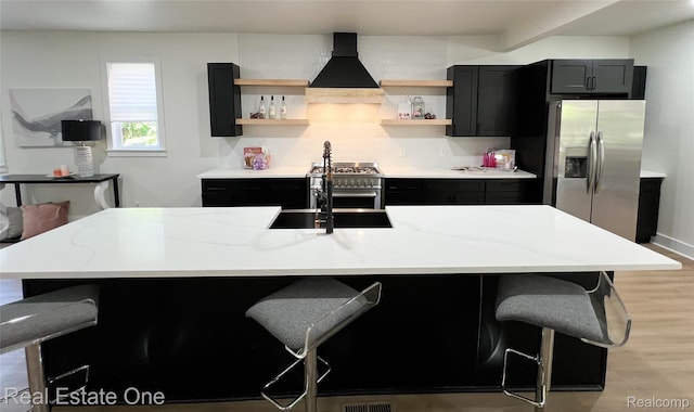 3461 Sheridan St, Detroit, MI 48214 - kitchen with appliances with stainless steel finishes, open shelves, custom range hood, and dark cabinetry