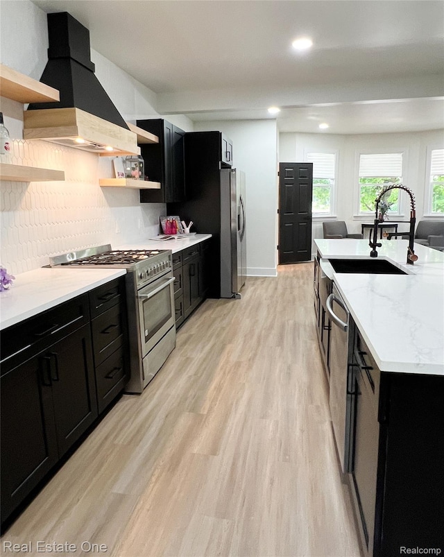 3461 Sheridan St, Detroit, MI 48214 - kitchen with open shelves, appliances with stainless steel finishes, dark cabinetry, custom exhaust hood, and recessed lighting