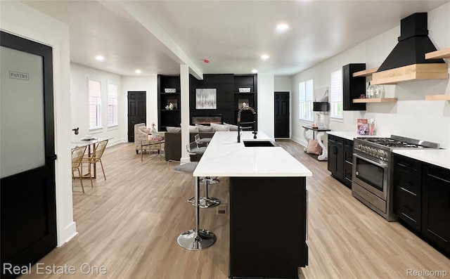 3461 Sheridan St, Detroit, MI 48214 - kitchen with stainless steel range, dark cabinets, a sink, light countertops, and wall chimney range hood