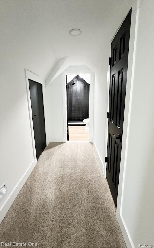 3461 Sheridan St, Detroit, MI 48214 - hallway featuring lofted ceiling, carpet floors, and baseboards