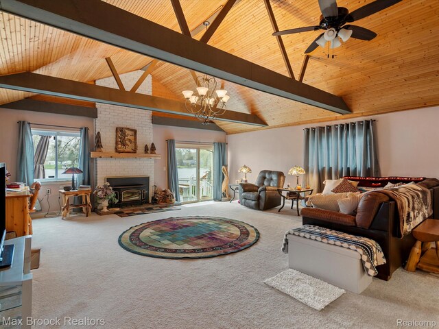 9431 Mandon Rd, White Lake, MI 48386 - living room with wood ceiling, carpet flooring, a chandelier, and healthy amount of natural light