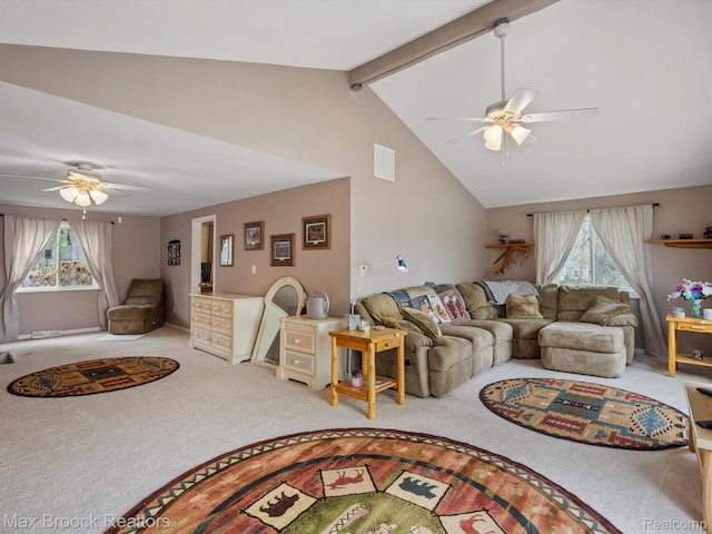 9431 Mandon Rd, White Lake, MI 48386 - carpeted living area featuring ceiling fan, beamed ceiling, and high vaulted ceiling