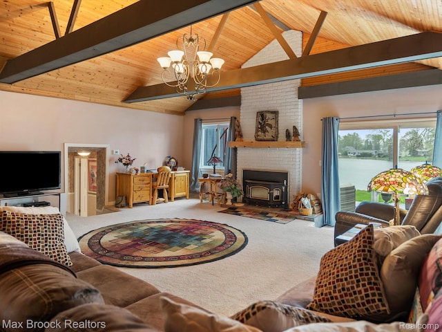 9431 Mandon Rd, White Lake, MI 48386 - living area featuring carpet flooring, wood ceiling with exposed beams, a chandelier, a wood stove, and a water view