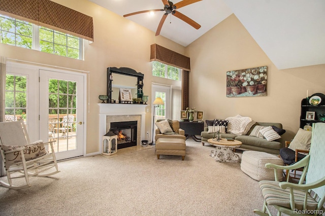 5886 Augusta Ln, Grand Blanc, MI 48439 - carpeted living room featuring high vaulted ceiling, a ceiling fan, and a fireplace