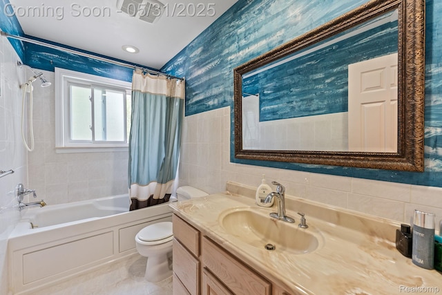 9220 Garden Ter, Commerce Twp, MI 48382 - bathroom with tile walls, toilet, vanity, shower / bathtub combination with curtain, and wallpapered walls