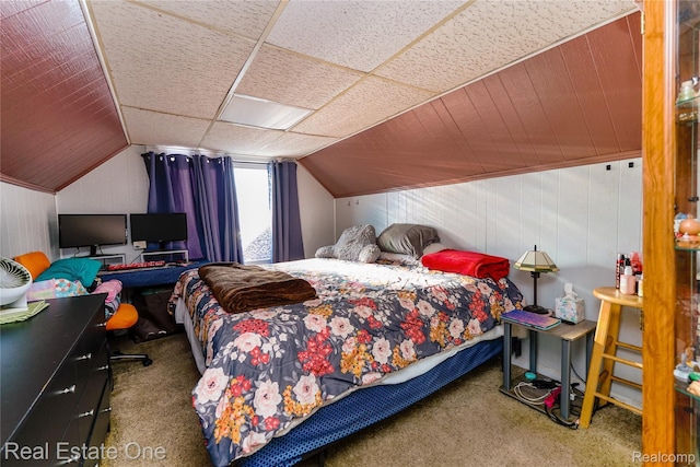 540 Champaign Rd, Lincoln Park, MI 48146 - carpeted bedroom with vaulted ceiling and wood walls