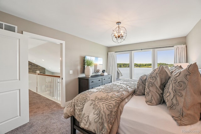6652 Westminister St, Fenton, MI 48430 - carpeted bedroom with access to exterior, a chandelier, a water view, and lofted ceiling
