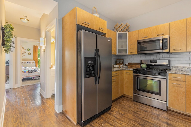 2159 New Town Dr NE, Grand Rapids, MI 49525 - kitchen featuring stainless steel appliances, dark wood finished floors, light stone countertops, and tasteful backsplash