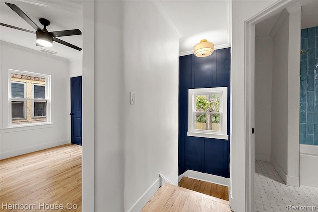 16514 Wildemere St, Detroit, MI 48221 - hall with crown molding, wood finished floors, and baseboards