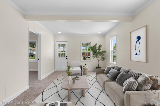 26041 Belanger St, Rochester, MI 48066 - living room featuring light colored carpet, plenty of natural light, baseboards, ornamental molding, and recessed lighting