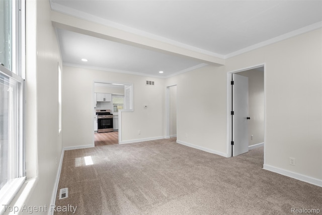 26041 Belanger St, Rochester, MI 48066 - spare room featuring light colored carpet, ornamental molding, baseboards, and recessed lighting
