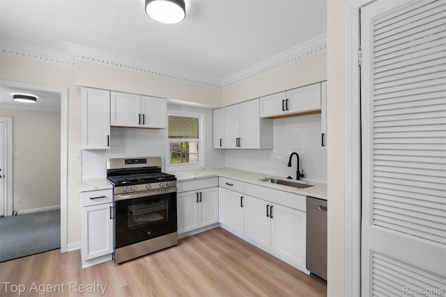 26041 Belanger St, Rochester, MI 48066 - kitchen featuring appliances with stainless steel finishes, a sink, white cabinetry, crown molding, and decorative backsplash