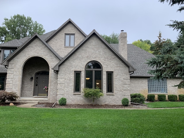 2032 Dean Dr, Washington, MI 48094 - french country style house featuring a front lawn, brick siding, a chimney, and a shingled roof
