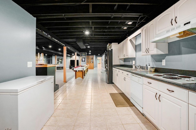 2032 Dean Dr, Washington, MI 48094 - kitchen featuring white appliances, under cabinet range hood, white cabinets, dark countertops, and light tile patterned flooring